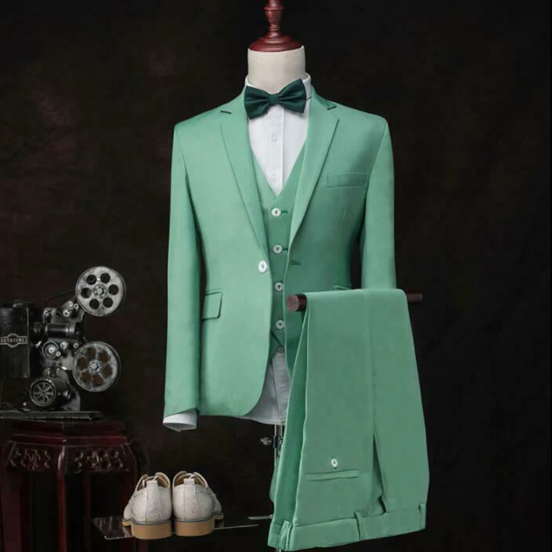 Formal Men Suits Slim Fit 3 Pieces Blazer Vest with Pants Wedding Groomsmen Tuxedo for Prom Mint Green Male Fashion Costume