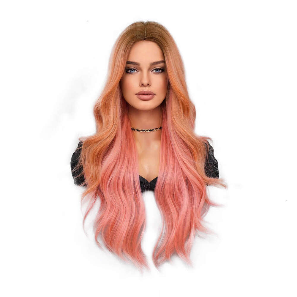 Halloween Wig Pink Gradient Long Curly Hair With Large Waves, Nism Full Head Cover Pink Wig