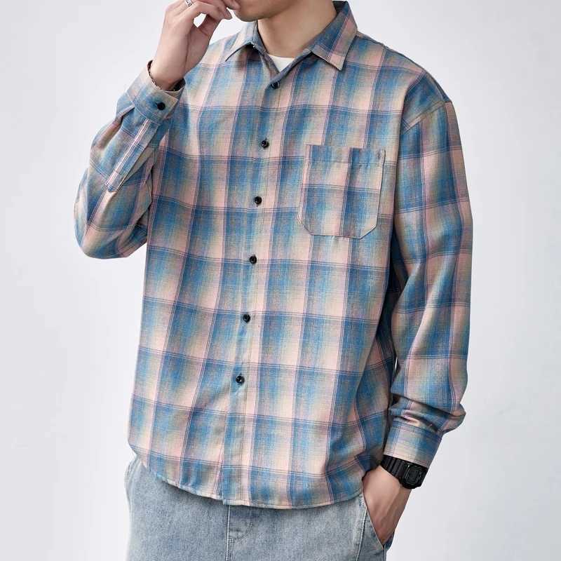 Spring Autumn Turn-down Collar Plaid Button Striped Solid Pockets Cardigan Long Sleeve Shirt Coats Casual Mens Clothing Tops LX241017