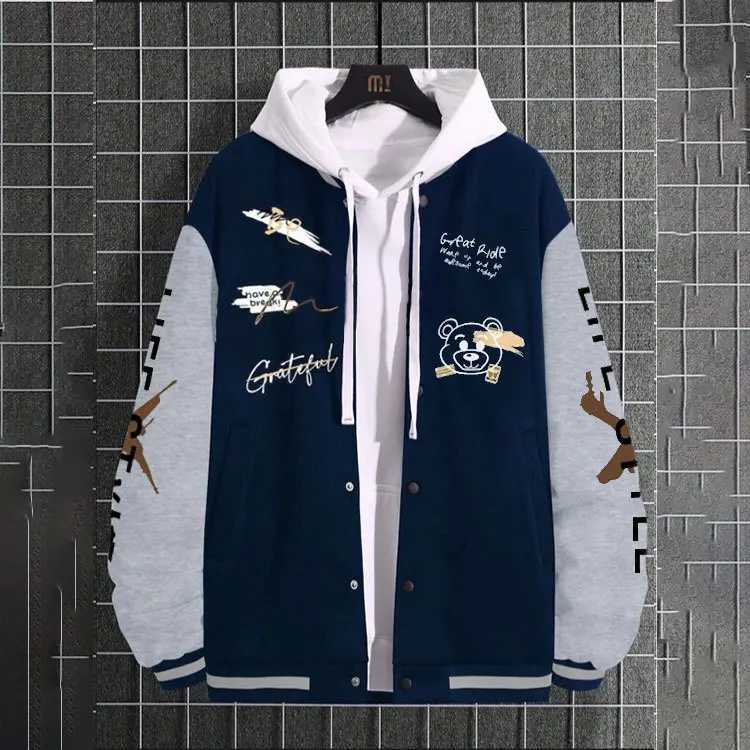 Mens baseball jacket High Street Fashion mens loose casual jacket wool insulated spring and autumn hooded sweatshirt M241017