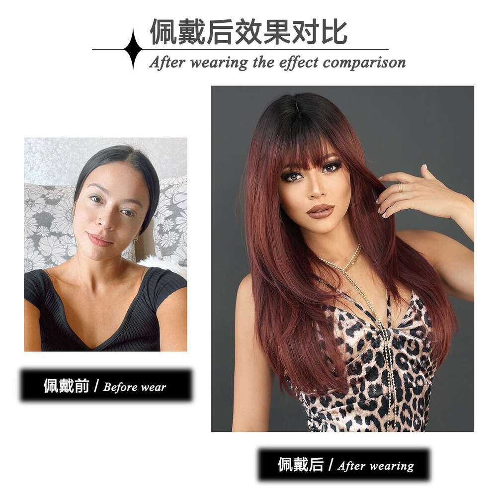 High Level Raspberry Red For Women With Long Hair, Straight Bangs, Dyed Synthetic Headband, And Wig