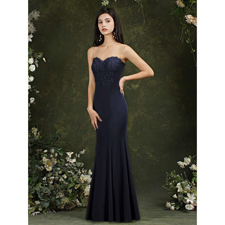 Mermaid Bury 24H Ship Prom Dresses Lace Appliqued Evening Dress Sexy Navy Blue Formal Party Gown In Stock Cg001