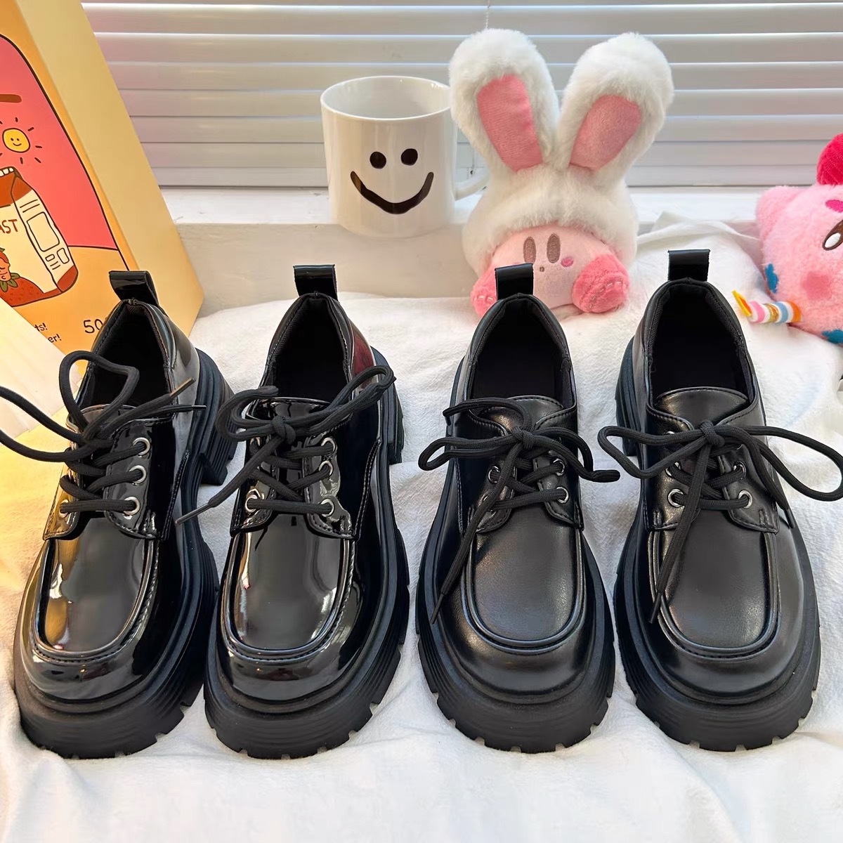 Women Fashion Thick Sole Casual Style Lace Up Leather Loafers Shoes Triple Black Free shipping