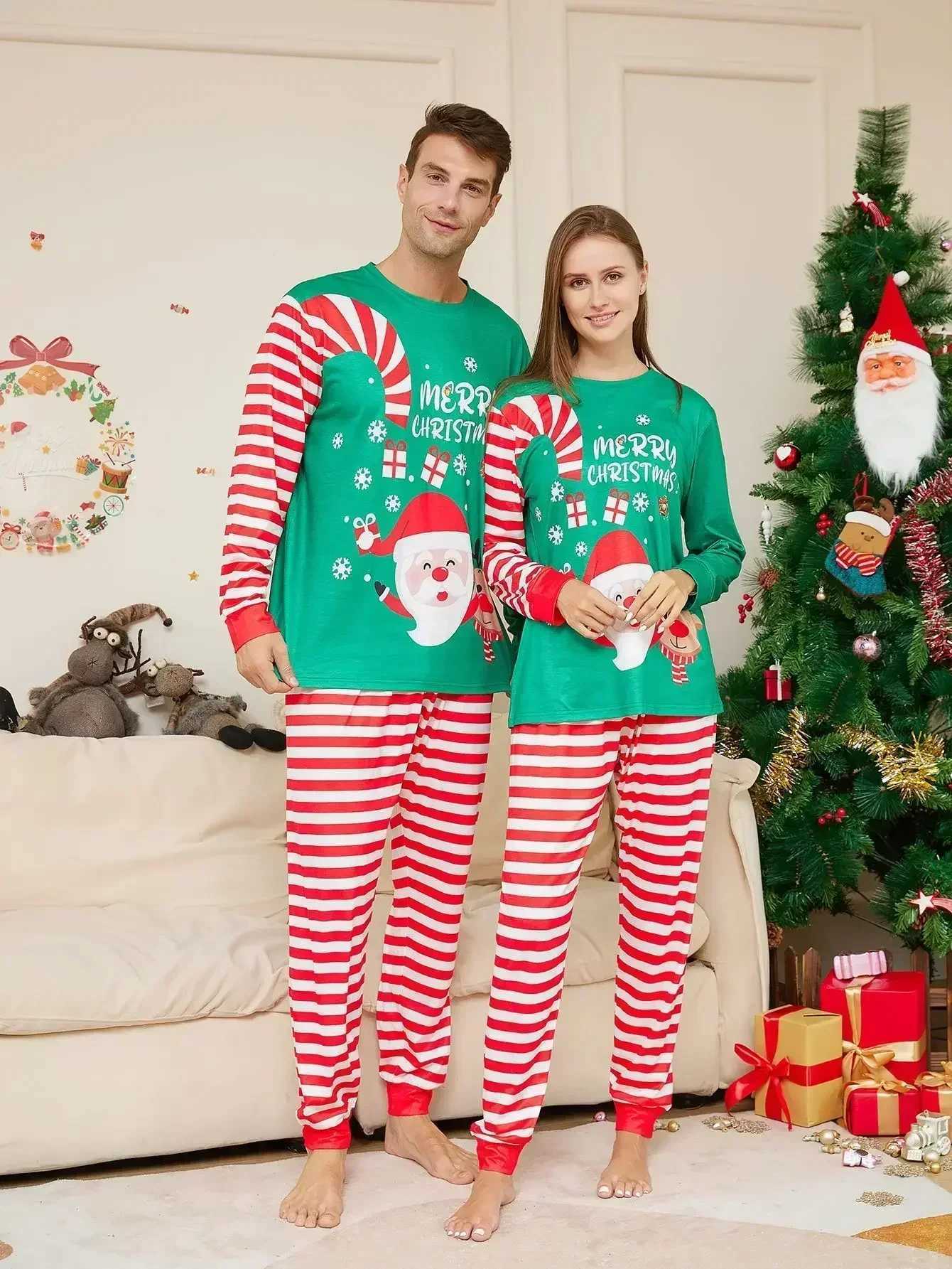 Merry Christmas Cartoon Stripe Printed Family Pajama Set Mom Dad Child Matching Clothing Set Baby Dog jumpsuit W241015