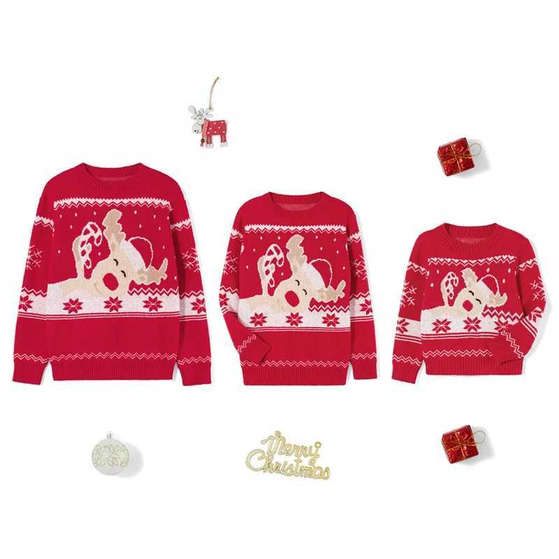 Lamuusaa Christmas Sweater Family Match Adult and Children Cartoon Deer Print Round Neck Long Sleeve Pullover Top Fashion Street Clothing W241015