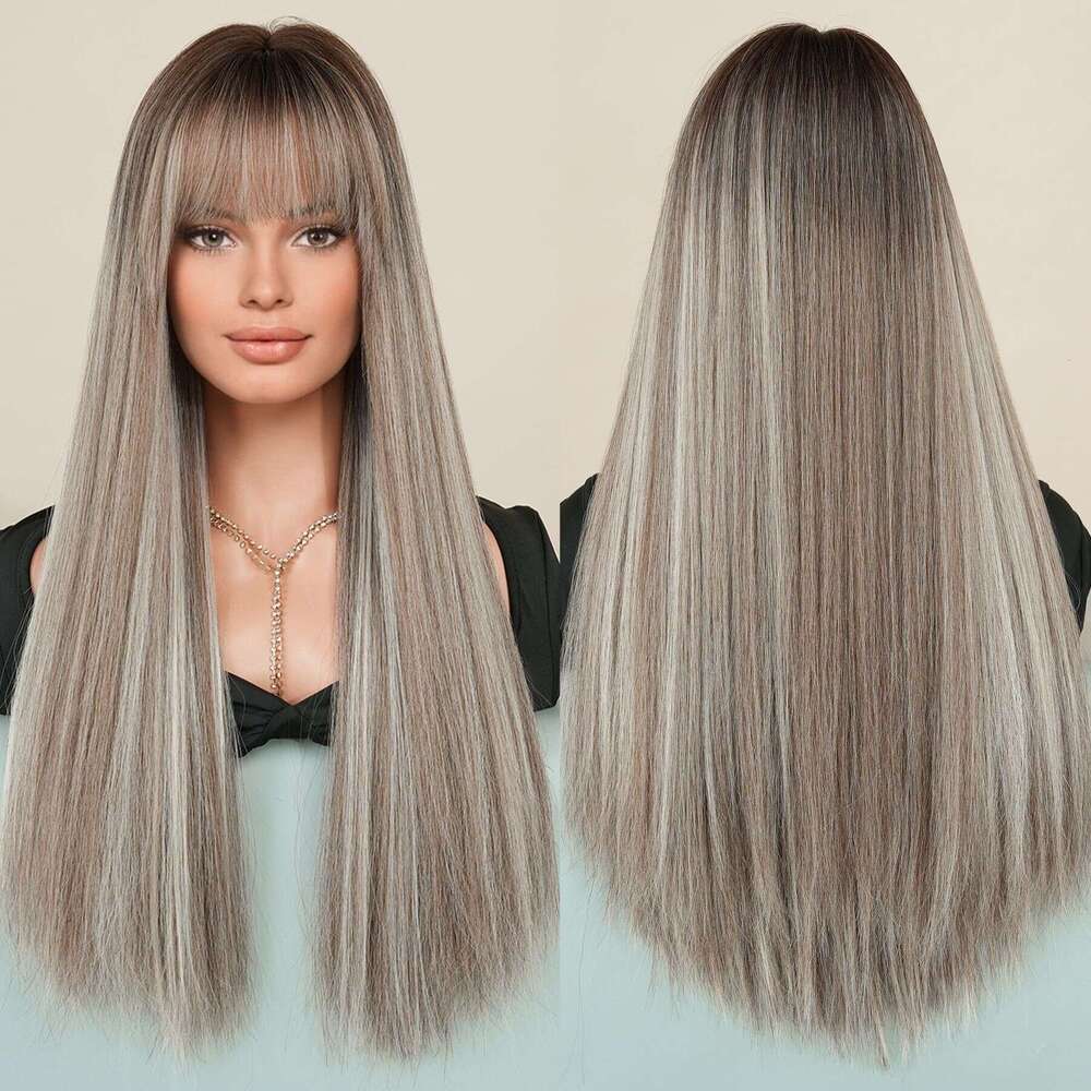 En Brown Spot Dyed Long Straight Hair Women's Fashion Chemical Fiber Wig Headpiece