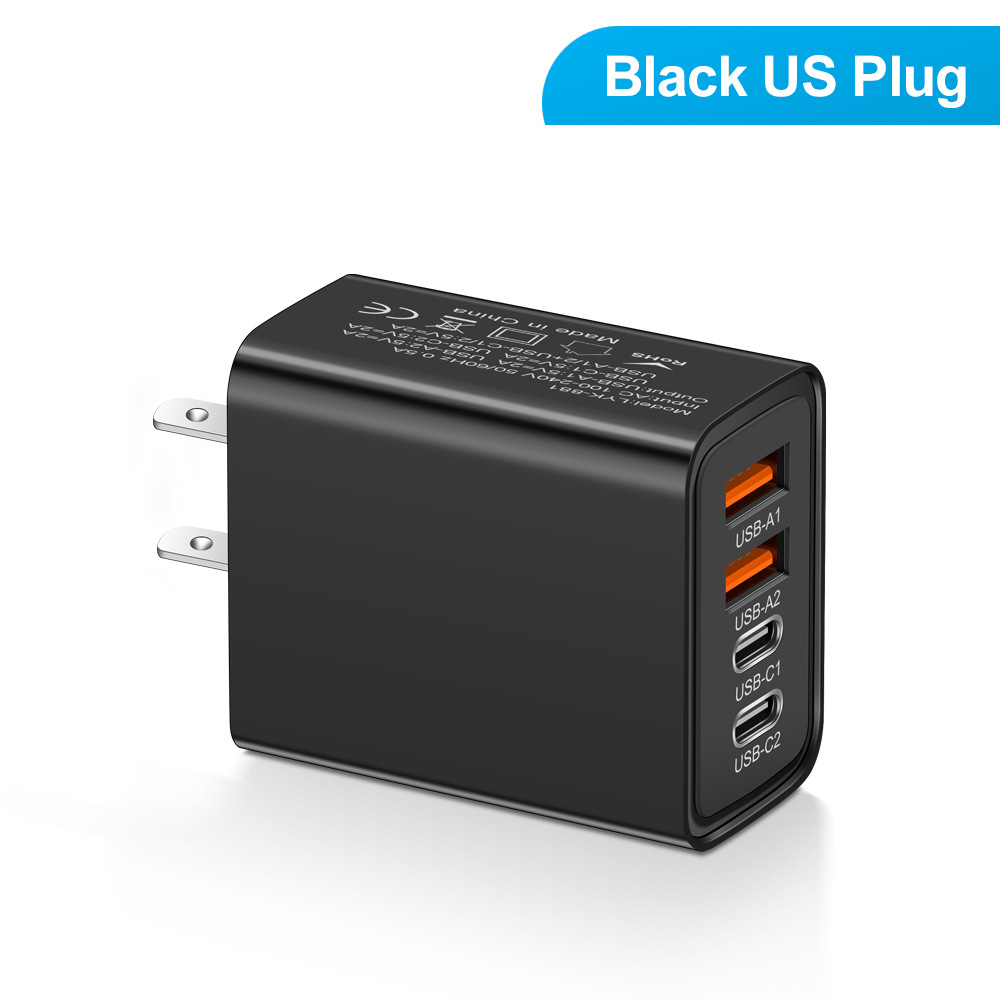 40W 4-Port Block Charging Dual Type C Power Adapter+QC Double USB A Port Wall Plug Multiple Mobile Phone Charger for iPhone Samsung