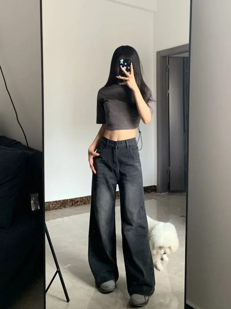 HOUZHOU Vintage Black Jeans Women High Waist Grunge Y2k 90s Streetwear Baggy Casual Korean Fashion Straight Washed Denim Trouser 241017