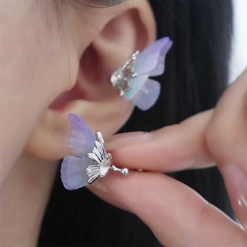 Exquisite blue chiffon butterfly clip earrings suitable for women non perforated bow knot zircon ear bone earrings fashionable jewelry party gifts W24