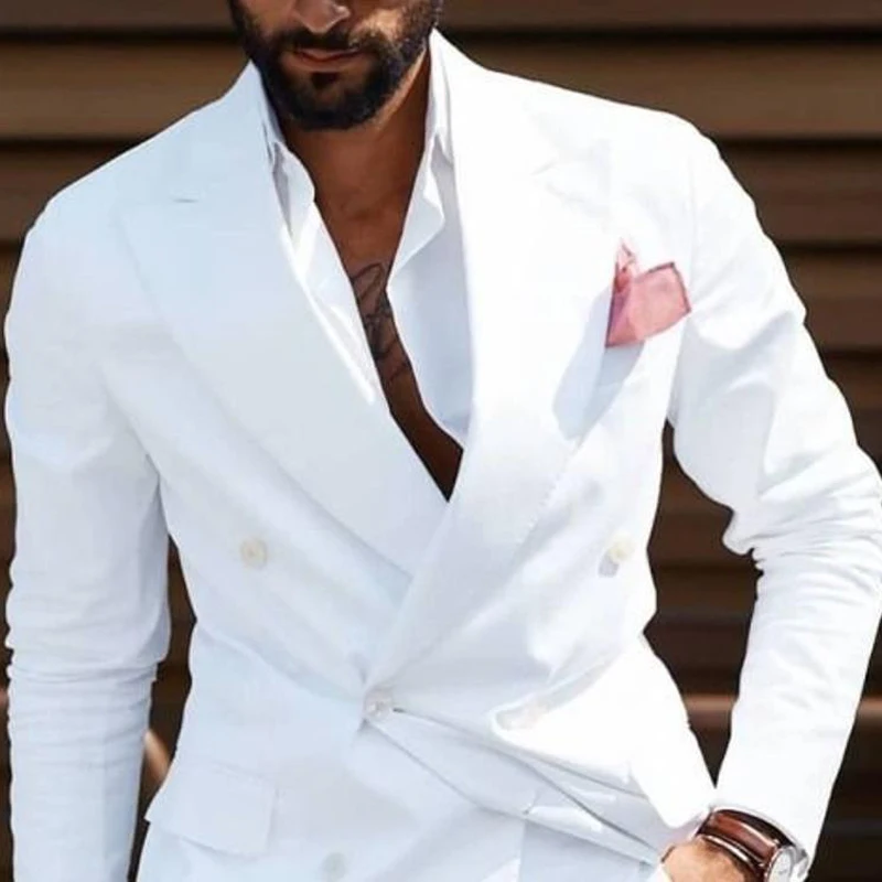Men Suits Slim Fit Double Breasted Wedding Tuxedo for Groom 2 Piece White Formal Style Male Fashion Jacket with Pants 2024
