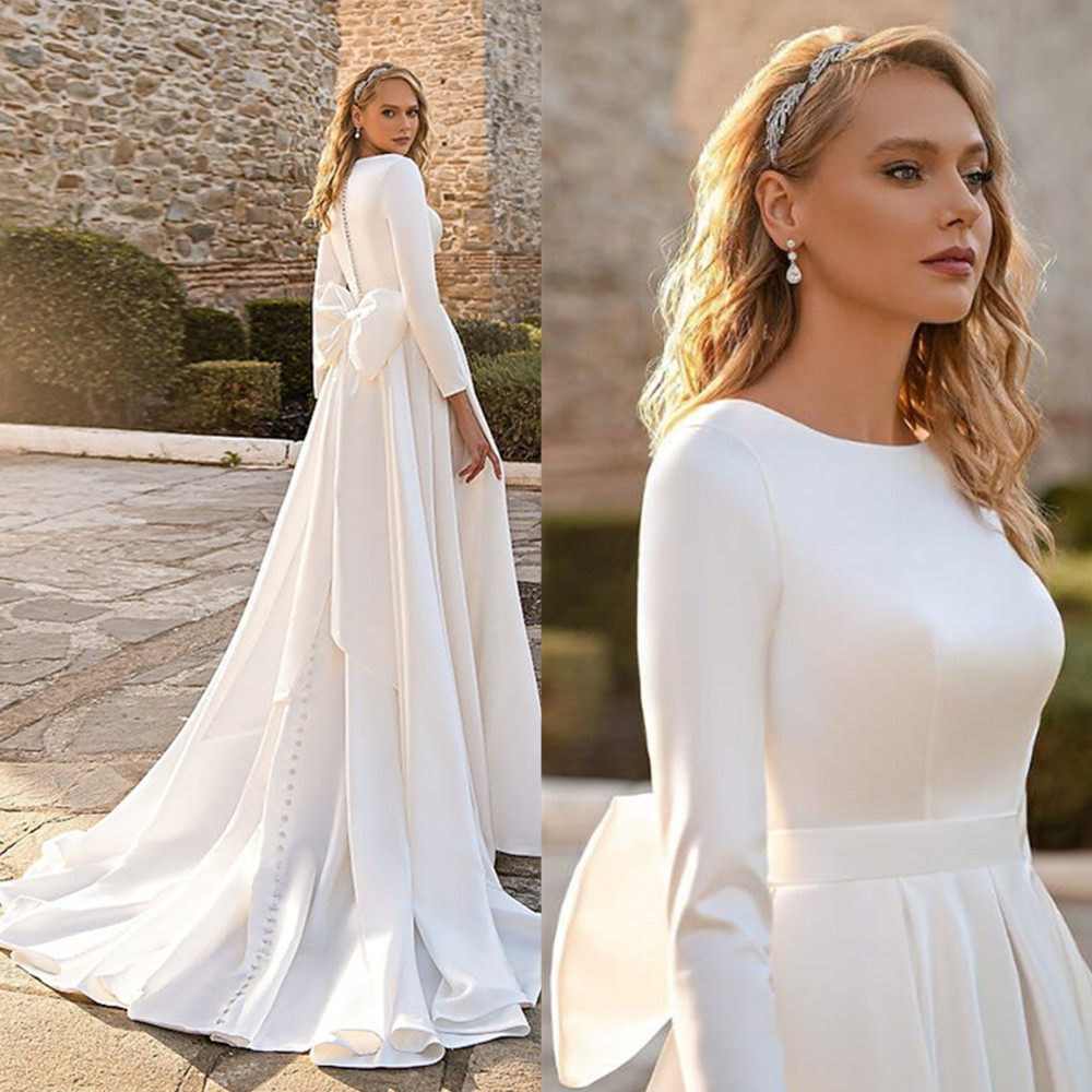 Satin Wedding Dress Muslim Bridal Dresses 2024 Long Sleeve Sweep Train A Line Bride Gown Robe Mariee Vestidos De Novia