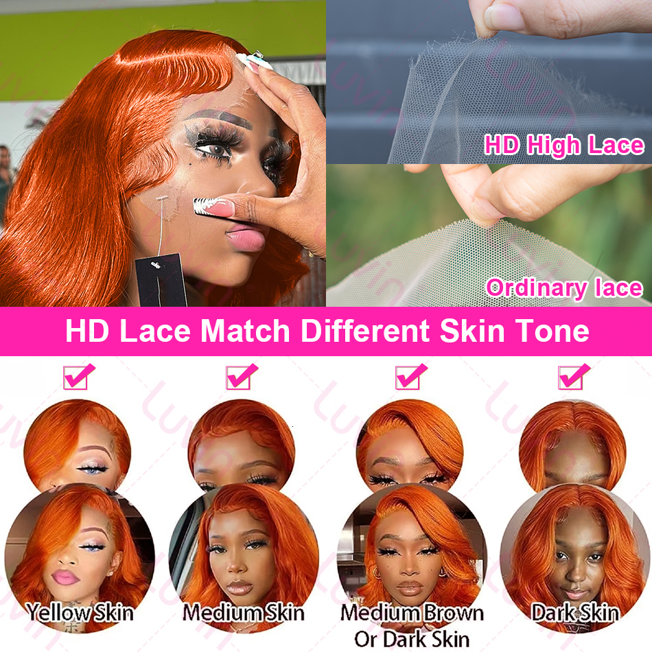 Luvin 250% 30 32 Inches Body Wave Ginger Orange 13X6 Transparent Front Human Wigs 13X4 Lace Frontal Remy Hair Wig