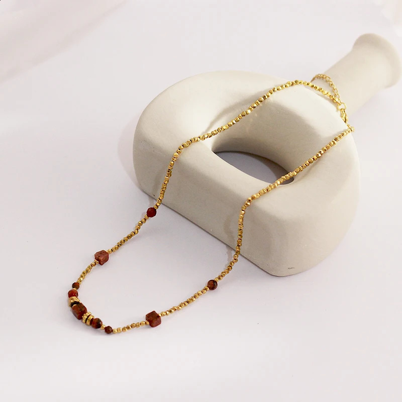 ANEH Retro Multi layer Red Natural Stone Bead Chain Stainless Steel Disc Charm Necklace 241017