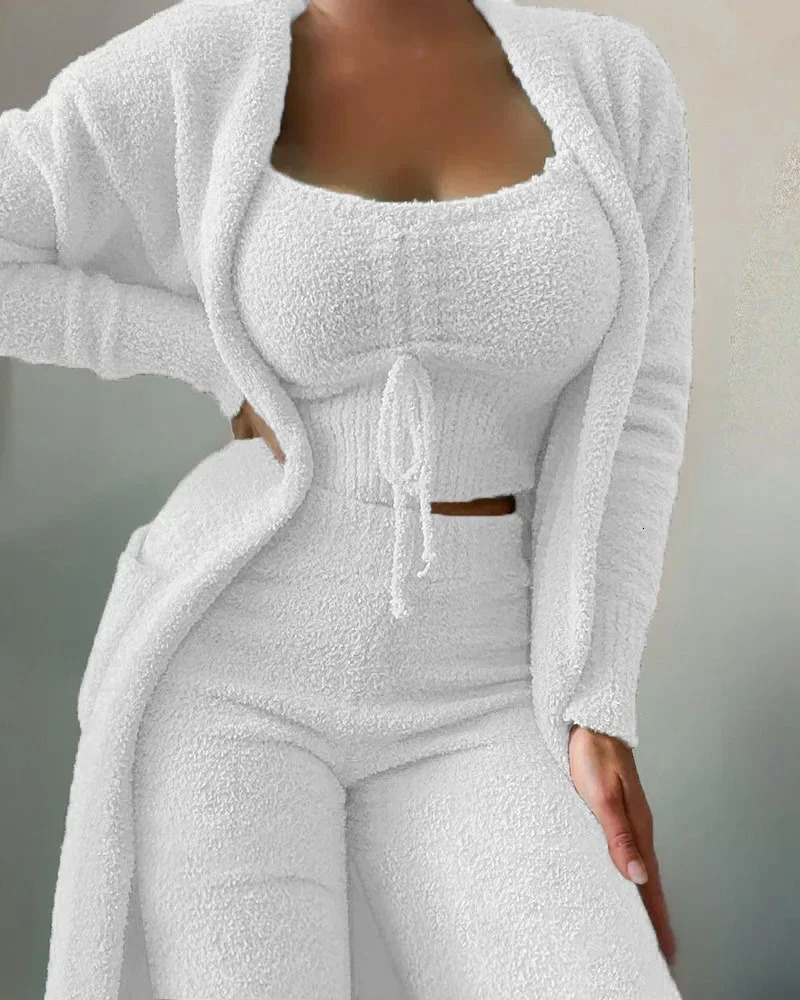 2024 Autumn Winter Womens Plush Pajama Set Crop TopPantsCoat 3-Piece Set Family Clothing Matching Set Warm Pajama Pjs 241017