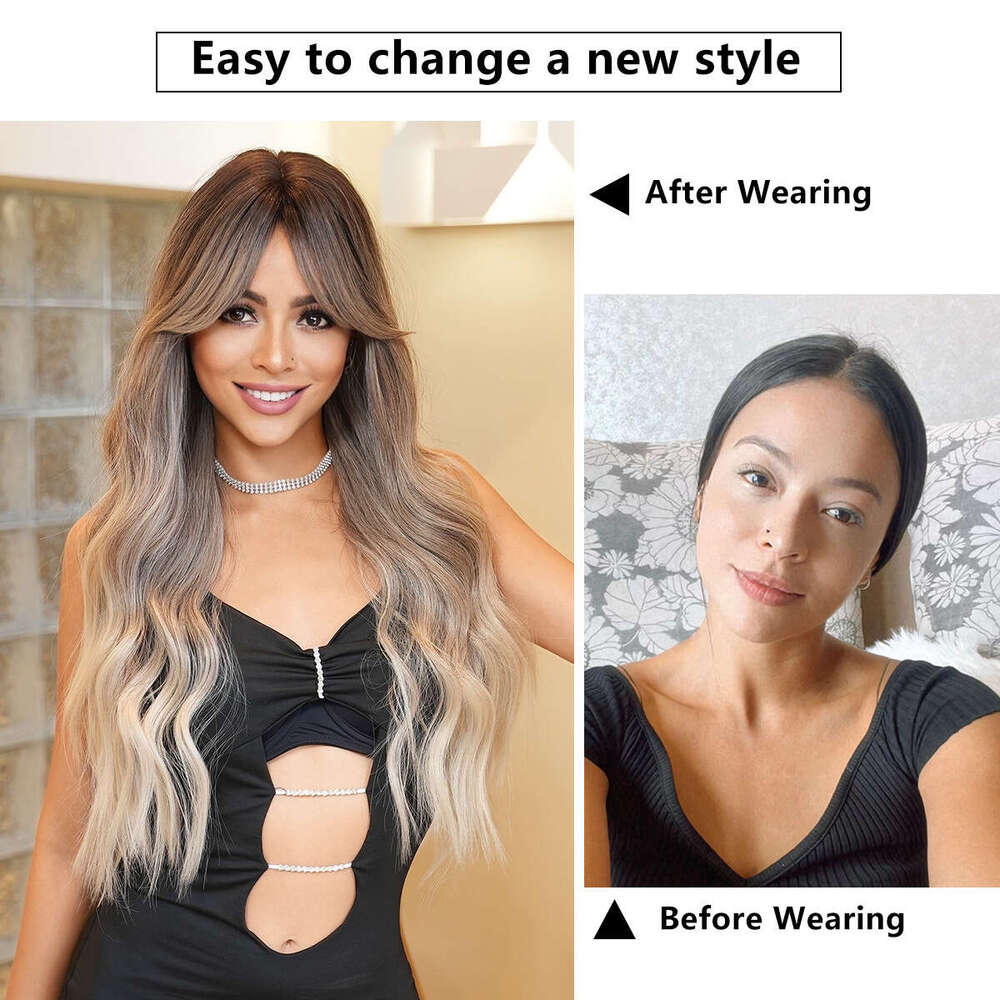 Fashion Long Curly Hair Milk Tea Brown Wig Women's Eight Character Bangs Big Wave Synthetic Full Head Set Brown Wigs
