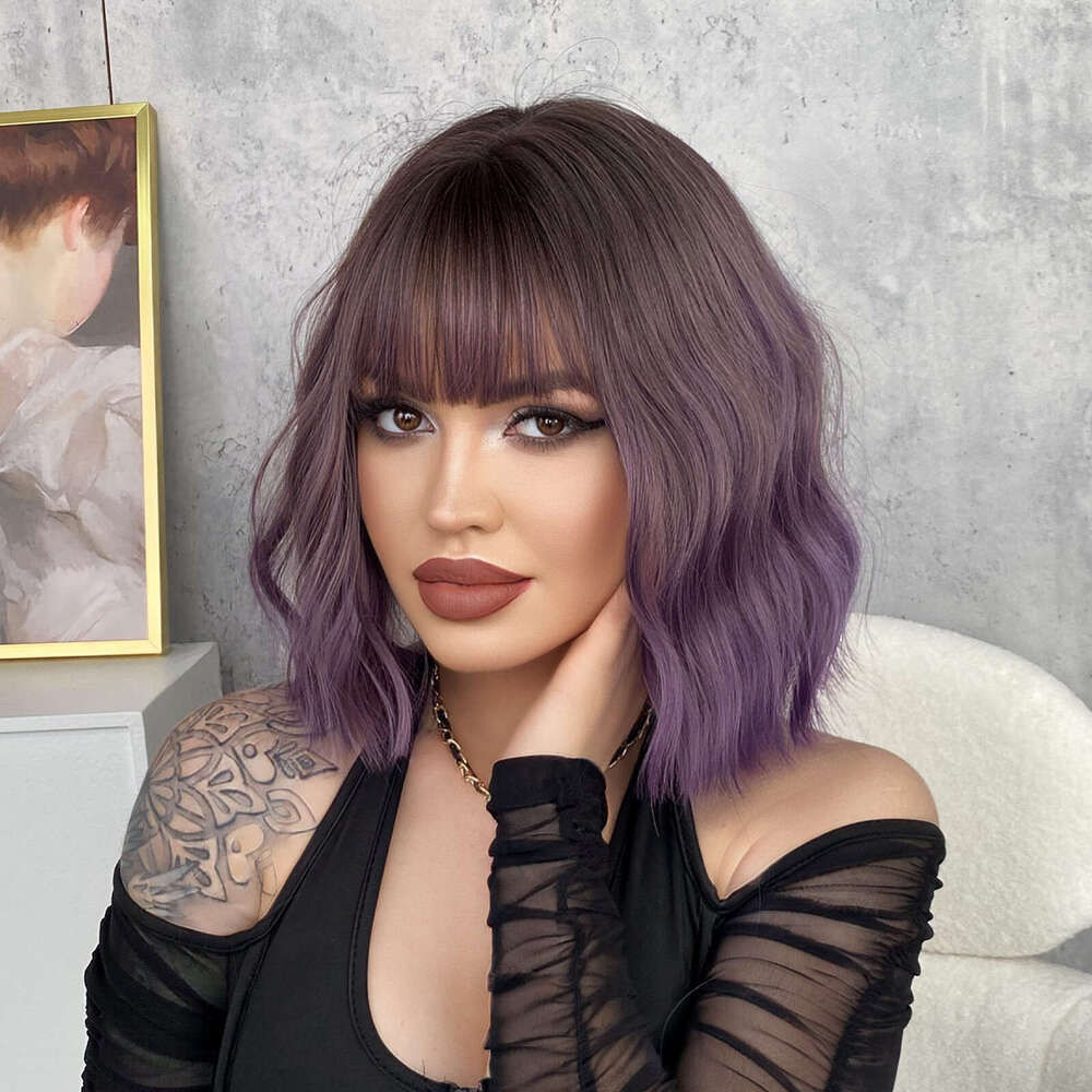 Purple Water Ripple Wig, Female Pear Blossom Short Curly Hair, Air Bangs, Synthetic Headband, Hair Wig