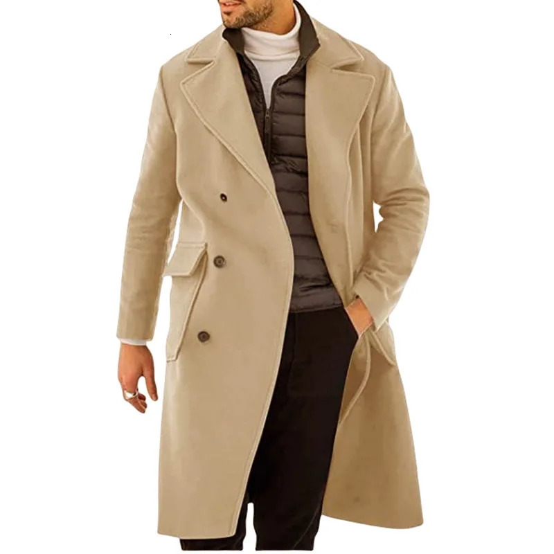 Male Solid White Khaki Black England Style Woolen Pocket Overcoat Men Thick Long Coat Casual Winter Fashion Business Warm Jacket 241017