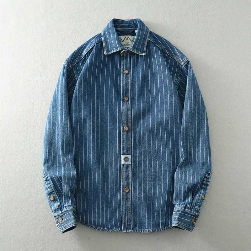 American Style Classic Nostalgic Striped Denim Shirt Mens Long Sleeve Washed Loose Blue Fashionable plus size Shirt for Men LX241017
