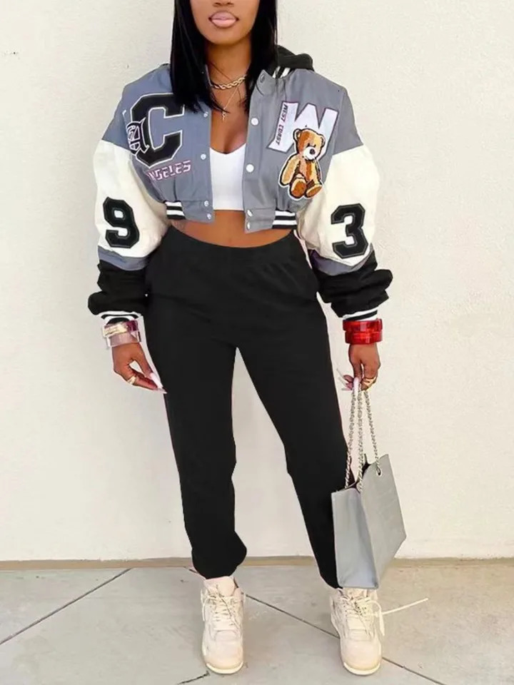 LW Plus size autumn two-piece crop jacket letter decoration topsolid color pants set womens warm hooded jacket and pants 2-piece set 241017