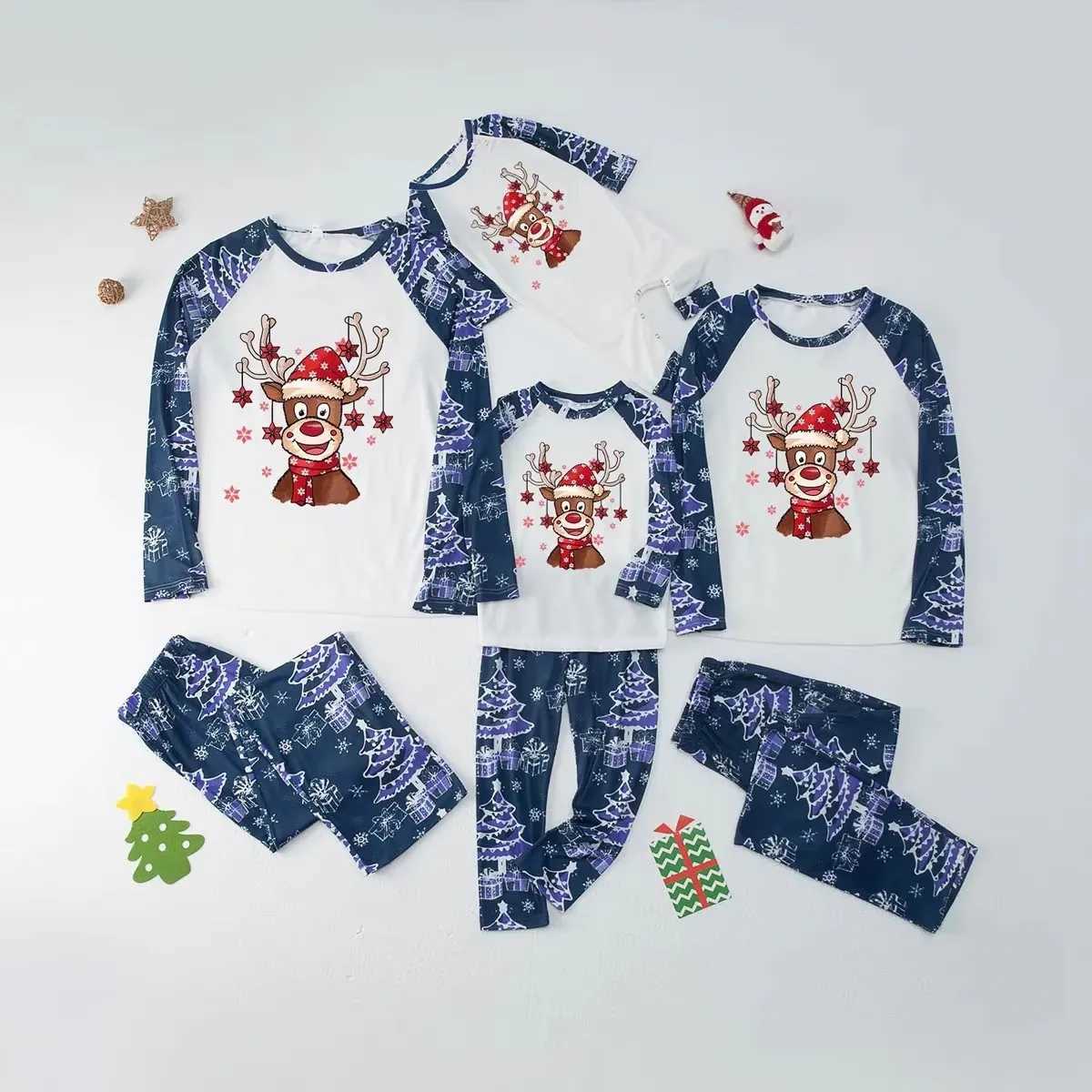 Christmas pajamas family matching set cartoon print blue patch work 2-piece pajamas set baby jumpsuit casual loose sleepwear W241015