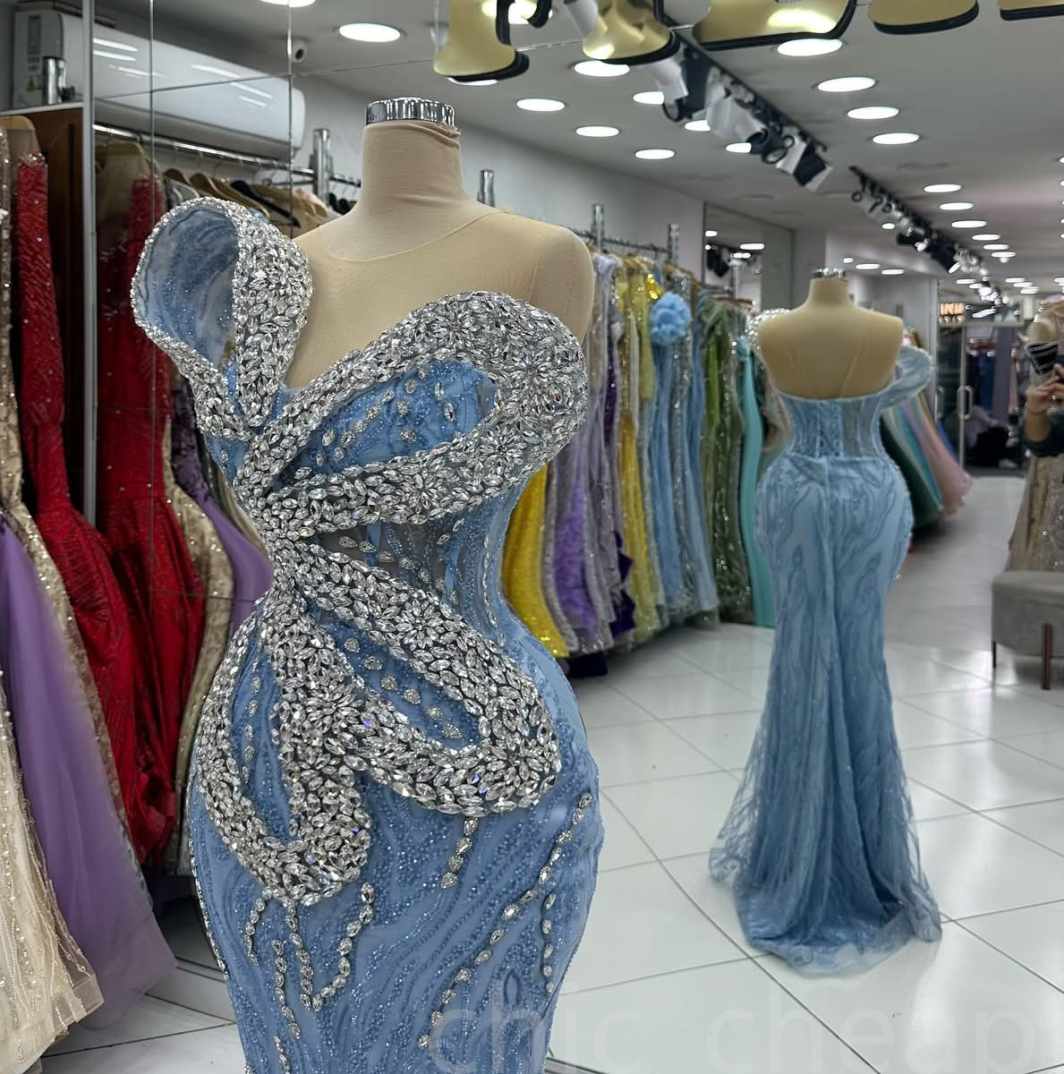 Aso Ebi 2024 Light Sky Blue Mermaid Prom Dresses Rhinestones Sequined Lace Evening Formal Party Second Reception Birthday Gowns Dress For Special Occa
