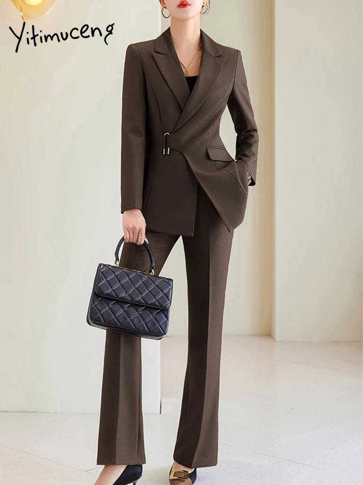 Brown Navy Blue Black Womens Formal Pants Set Jacket and Trouser Work Clothes Autumn Winter 2piece 241009