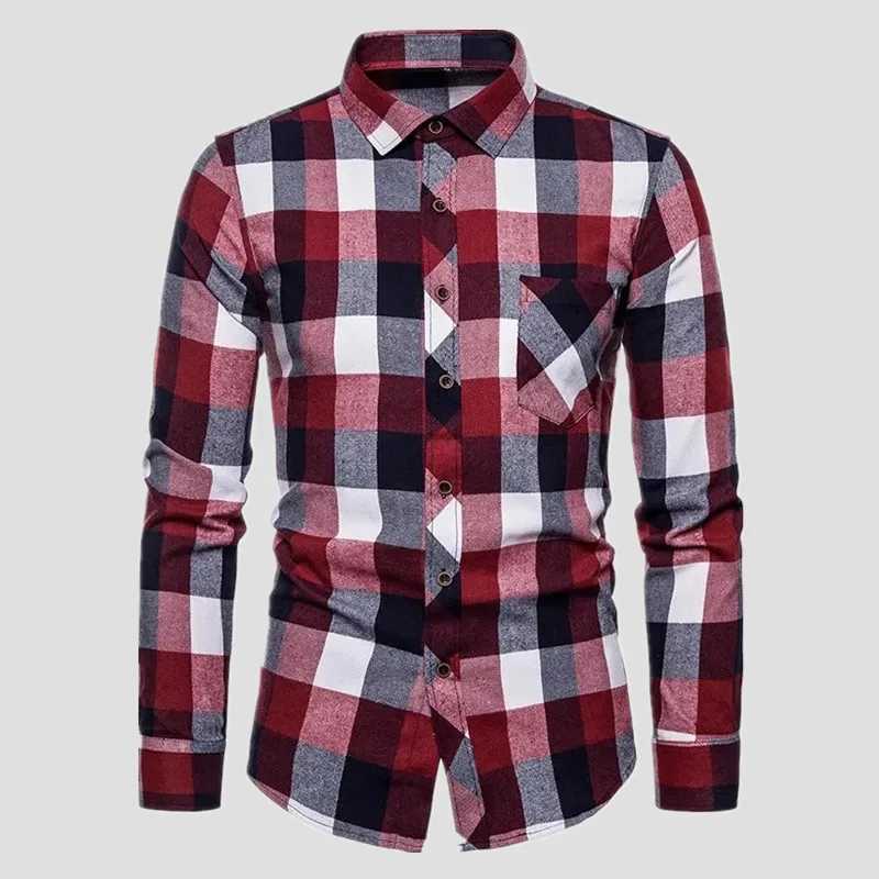 Fall Mens Long Sleeved Plaid Shirt Pockets Single Breasted Lapel Cotton Shirts LX241017