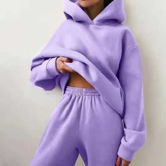 Womens Tracksuit Suit Winter Fashion Warm Hoodie Sweatshirts Two Pieces Oversized Solid Casual Hoody Pullovers Long Pant SetsX241016