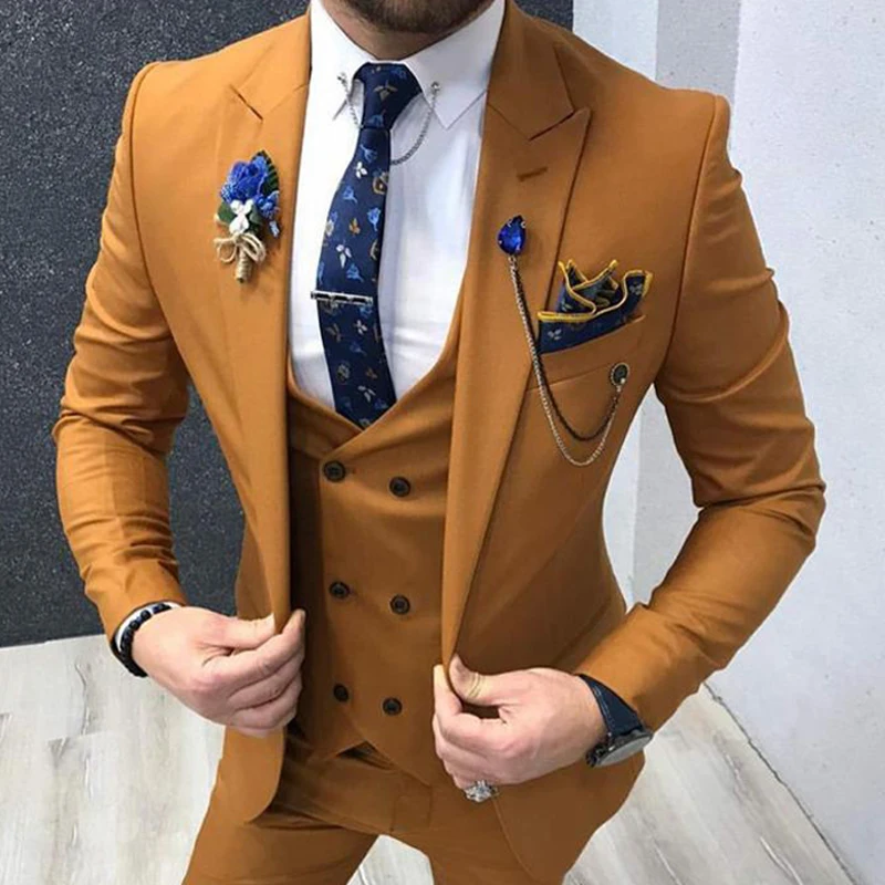 Slim Fit Men Suits Casual Style Brown Male Fashion Wedding Tuxedo For Groomsmen Dinner 3 Piece Jacket With Vest Pants 2024