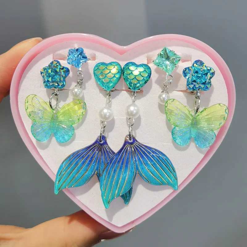 3 pairs of cute childrens ear clip earrings suitable for girls without ear holes sweet mermaid baby ear clip set W241017