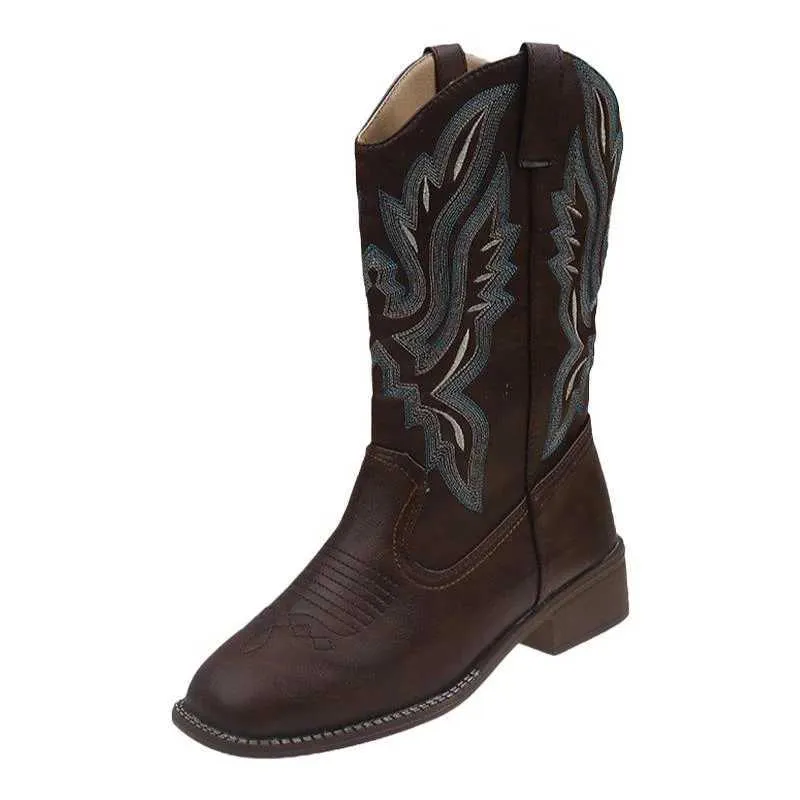 Retro Style Embroidery Women Designer Boot Western Cowgirl Boots Fashion Zippers Mid Calf Booties Square Heels Autumn Winter Shoes H240709
