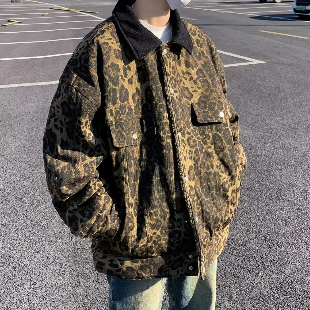 HOUZHOU Leopard Padded Jacket Mens Winter Trendy Double sided Sherpa Coat American Animal Print Warm Park Hip Hop 241008