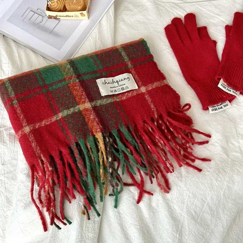 Christmas vintage cashmere scarf tassel plain double-sided scarf for women winter thick long shawl New Years gift outdoor cycling X241017