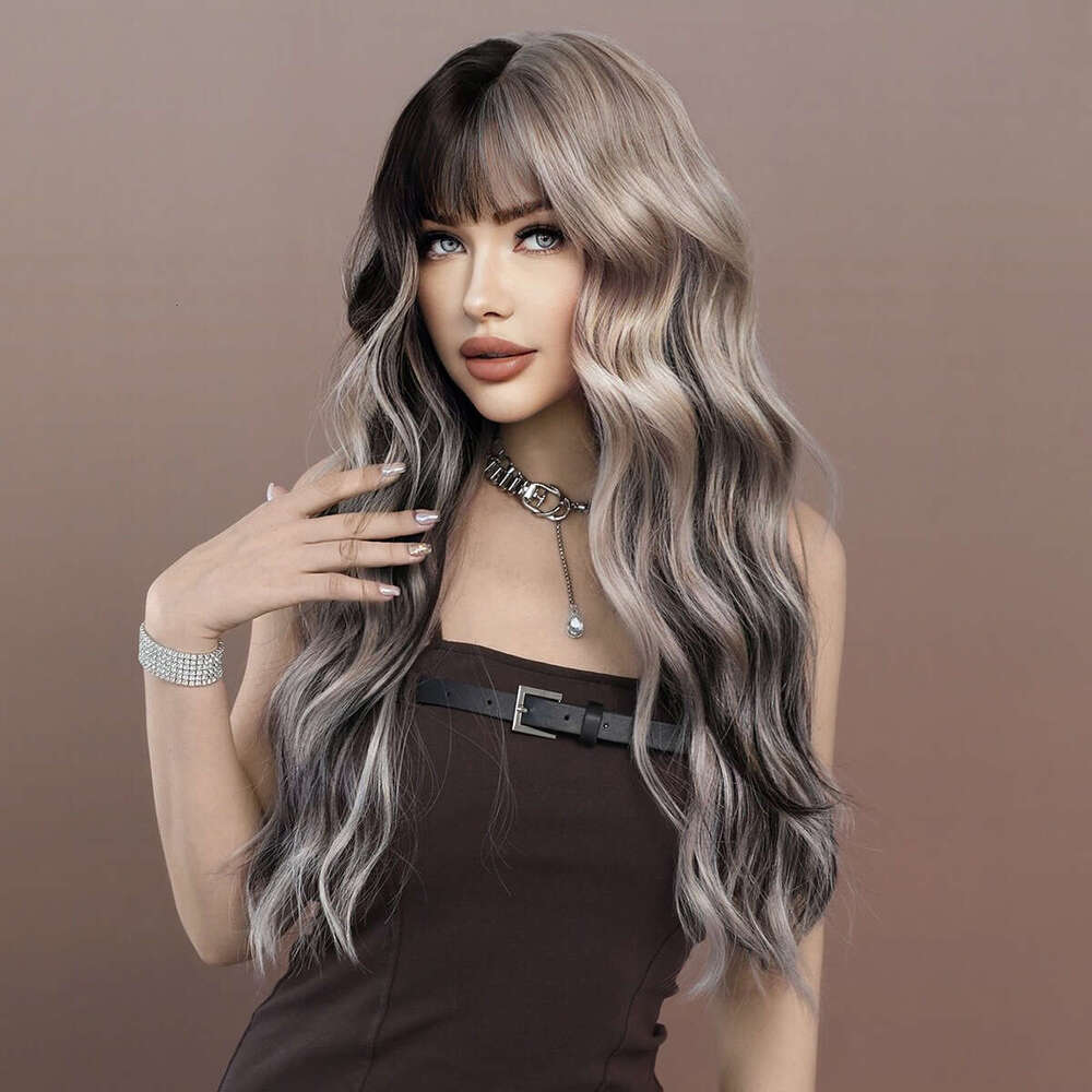 Sier Highlights Ash Synthetic Long Wavy Wig With Bangs