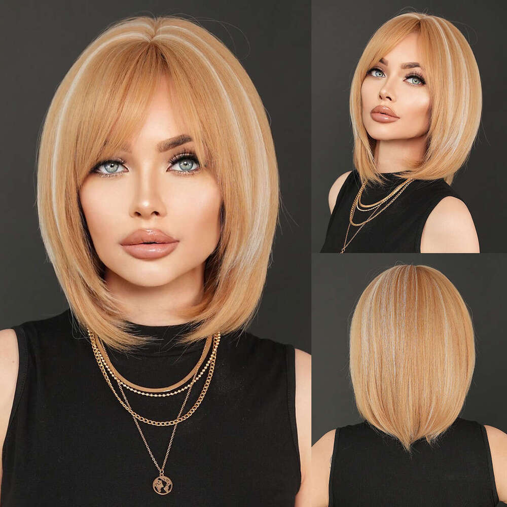 Girls' Gold Dyed White Bob With Slanted Bangs, Short Straight Hair, Synthetic High-Temperature Silk Wig