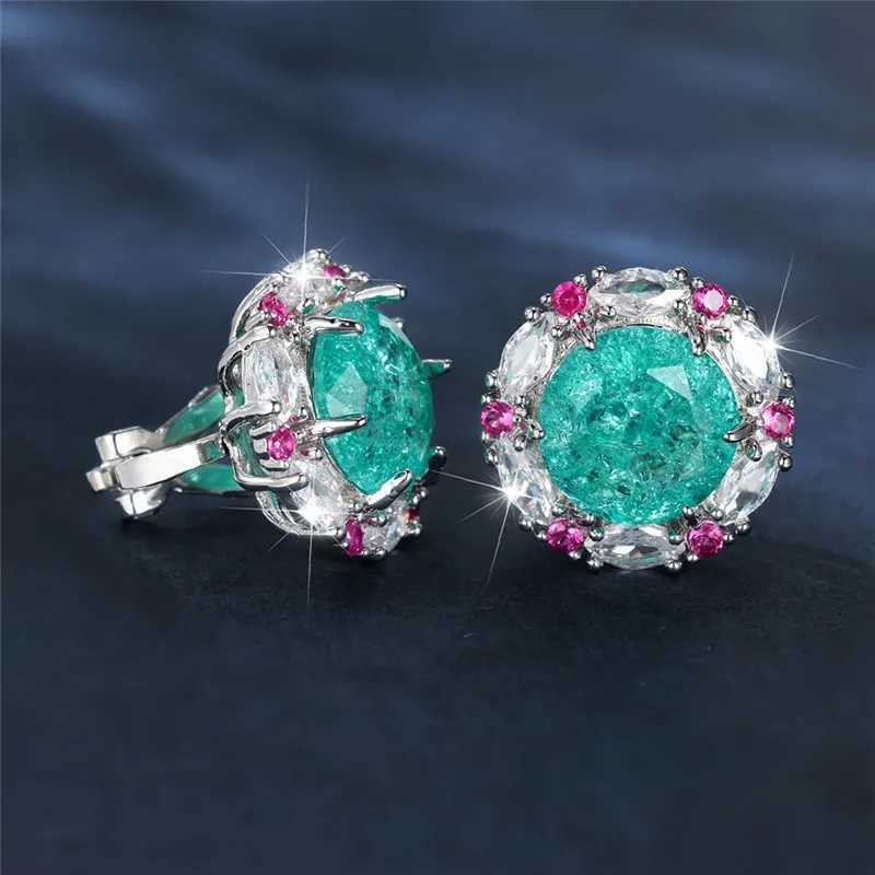 Green Ice Flower Zircon Clip Earrings Luxury Rose Red Crystal Round Stone Earrings Womens Classic Silver Wedding Jewelry W241017