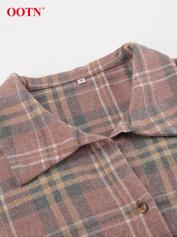 OO Casual Pink Plaid Blouses Female Summer Long Sleeve Striped Loose Tops Streetwear Single Breasted Shirts Coats Women