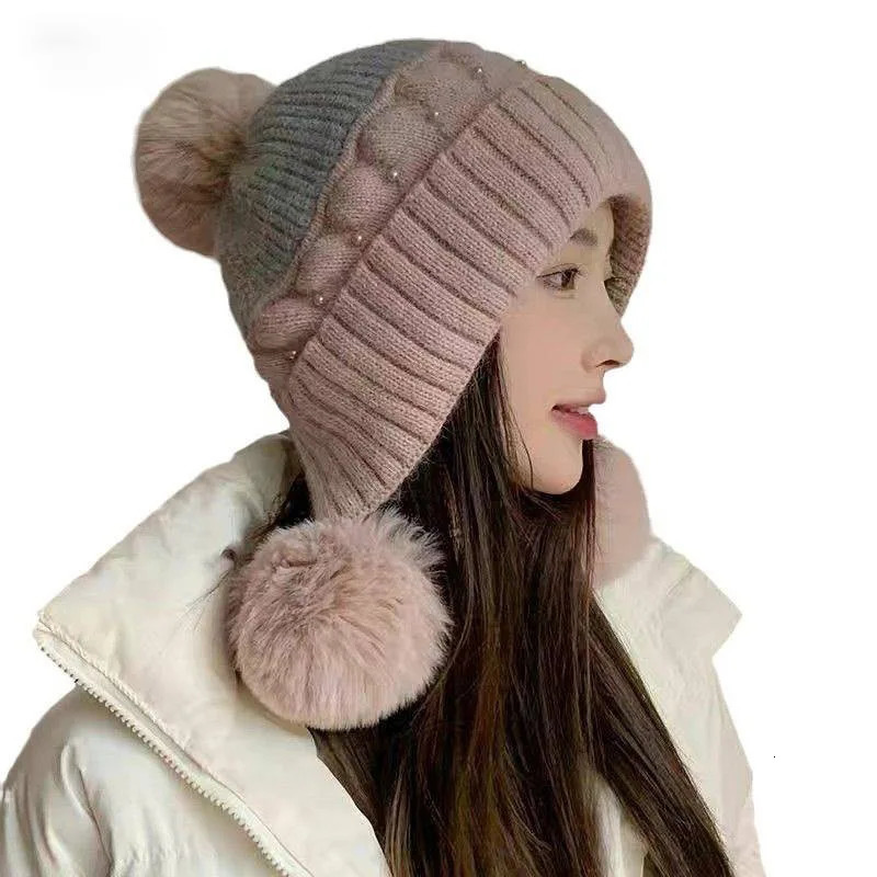 Cute Hairball Hat Women Winter Fleece Warm Knit Cap Windproof Rabbit Hair Student Pullover Woolen Hat Outdoor M572 241009