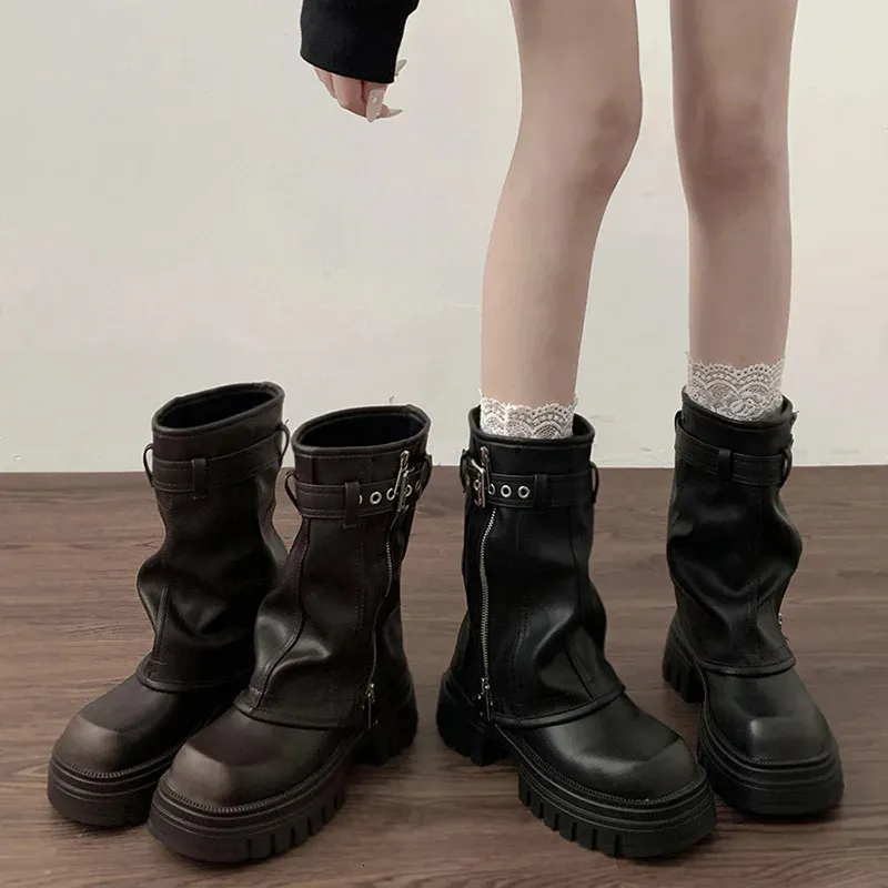 Designer boot Winter Women Biker Boots Fashion Belt Buckle Ladies Elegant Platform Flats Short Booties Casual Womens Knight 241121