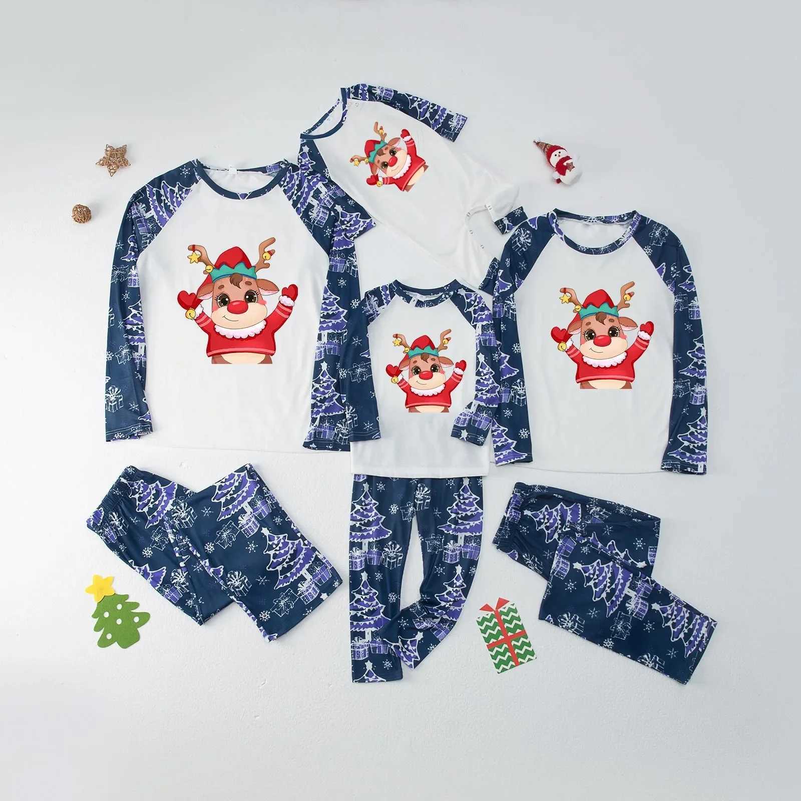 Christmas pajamas family matching set cartoon print blue patch work 2-piece pajamas set baby jumpsuit casual loose sleepwear W241015