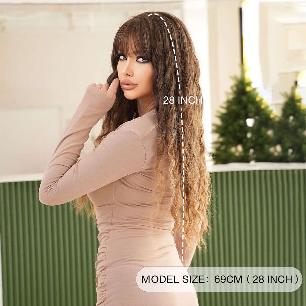 Women's New Wig Gradient En Brown Deep Wave Bangs Long Curly Hair Deep Wave Wigs
