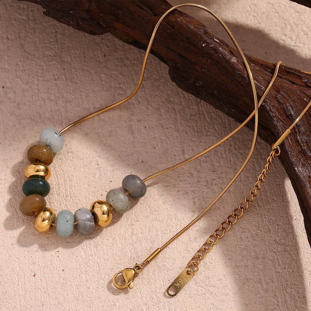 E. B.belle Natural Stone Bead Snake Chain Necklace 18K Gold Plated Jewelry 316L Stainless Steel Decoration 241017