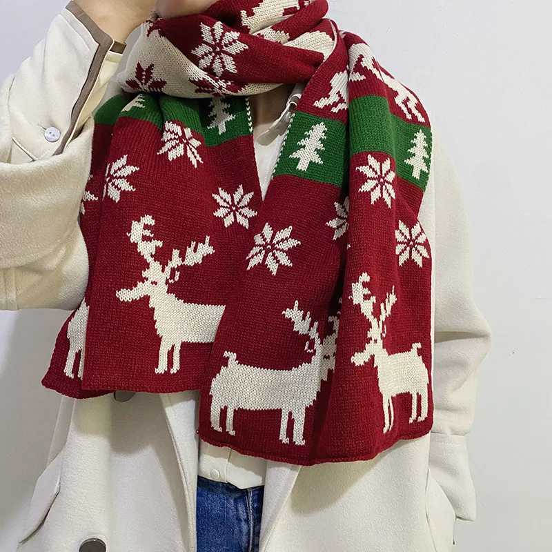Christmas Scarf Elk Pattern Winter Knitted Warm Scarf Fem Christmas Couple Gift Student Cute Scarf X241017