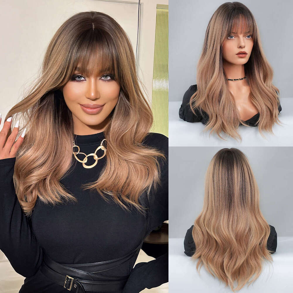 New Japanese And Korean For Women Long Hair In Cocoa Gold, Dyed With Bangs, Curly Hair, Synthetic Mechanism Wig