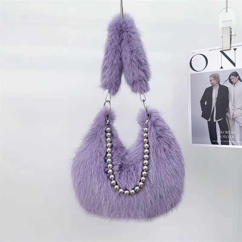 autumn winter furry bag design imitating fox fur armpit bag pearl chain shoulder bag dumpling bag 241015
