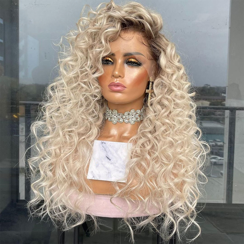 Brazilian Ombre Blonde Curly Wig Long Curly Human Hair Wigs for Women Fluffy Hairstyle Wave Ombre Lace Frontal Wig Costume Carnival Party Regular Wig