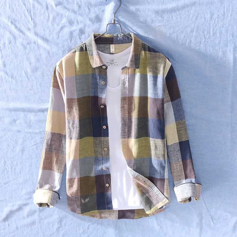 Men Clothing 2022 Simple Plaid Long-sleeved Cotton Linen Shirt Mens Casual Thin Literary Youth Breathable Loose Linen Shirt LX241017
