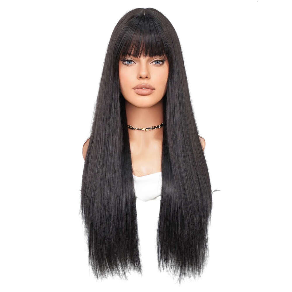 Jinhua Wig Long With Bangs, High-Quality High Silk Synthetic Straight Hair Full Head Cover