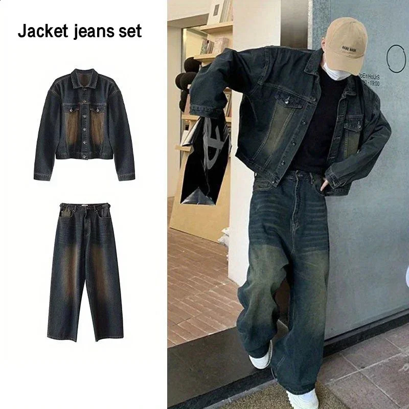 Two Piece Setsingle Spring Autumn Jackets Jeans Tracksuit Trendy Vintage Loose Washed Old Set Male Street Outerwear 241017