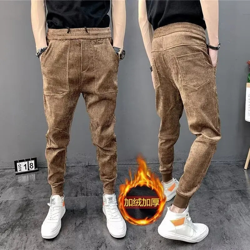 Wool lined mens sports pants Corduroy Slim casual Trouser harem pants fashionable multi pocket rib leg jogging pants y2k pants 241017